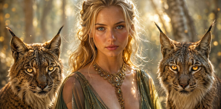 Freya, the Norse goddess of love and war, with two lynxes as companions in a mystical birch forest. Adorned with the golden necklace Br&iacute;singamen and a green soft tunic. Generative AI