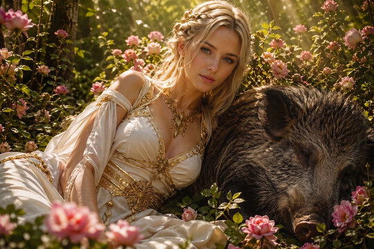 Freya, the Norse goddess of love and war, next to a resting wild boar in a mystical forest. Adorned with the golden necklace Br&iacute;singamen and roses. Generative AI