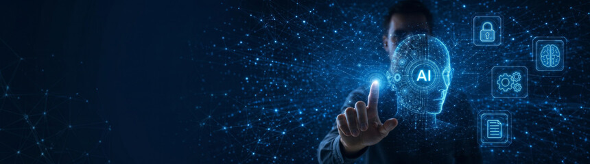 Fototapeta premium Human-AI Interaction. Exploring the Future of Artificial Intelligence and Digital Ecosystem Transformation. Empowering Business. Cybersecurity. Integrated solutions. Generative AI 