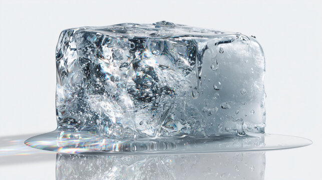 Large sculptural block of melting glacial ice on pure white background. Extraordinary clarity with micro bubbles, crystalline fractures and active melting droplets. Ephemeral natural luxury