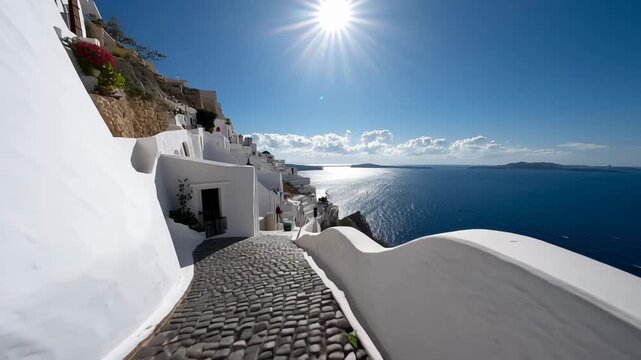 Scenic view of a whitewashed greek village on a sunny day overlooking the ocean with potted plants and stone pathway