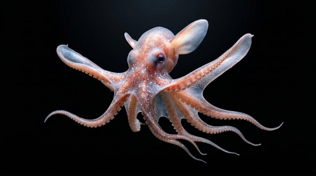 Small octopus isolated on a black background with soft tentacles and natural form, ideal for marine life, underwater, and wildlife concepts.