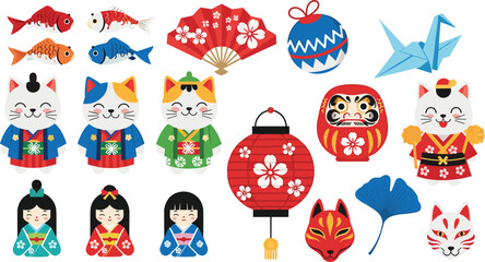 Fototapeta premium Japanese Culture Set with Maneki Neko, Kimonos, Lanterns, Origami, Fish, and Masks Vector Illustration