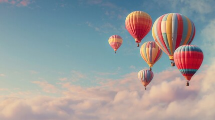 Fototapeta premium Dreamy summer sky banner with balloons and clouds