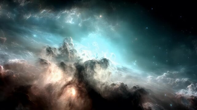 Space universe exploration, fantasy, mysterious. A vivid depiction of a cosmic scene depicts a nebula in deep space. The nebula is a tapestry of colors deep blues, purples, and whites.