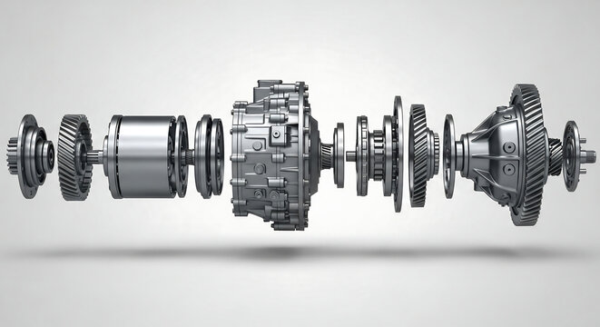 Exploded view of a complex automotive transmission or differential assembly showing individual components.