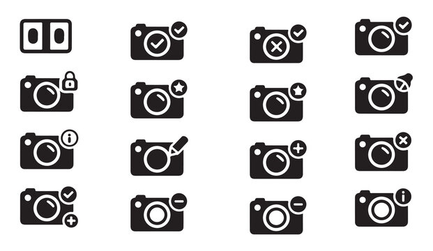 Photography camera settings icon pack with lock check mark star edit and delete functions.
