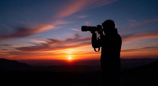 Photographer Taking Picture of Sunset Landscape with Camera Travel Adventure