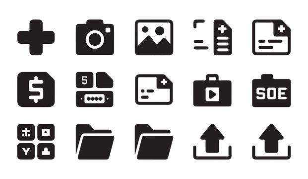 Document and file management system solid icons including upload folder and database tools.