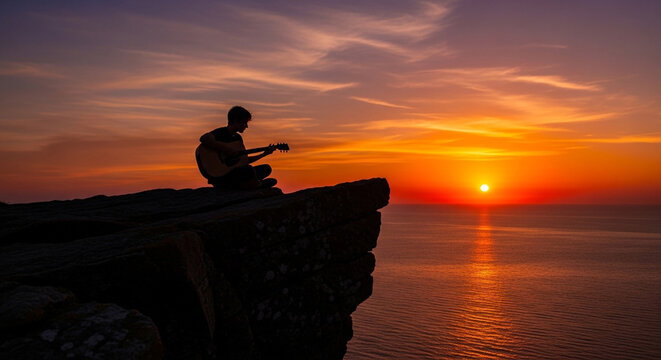 Man Sitting on Cliff Watching Sunset Over Ocean Peaceful Nature Landscape