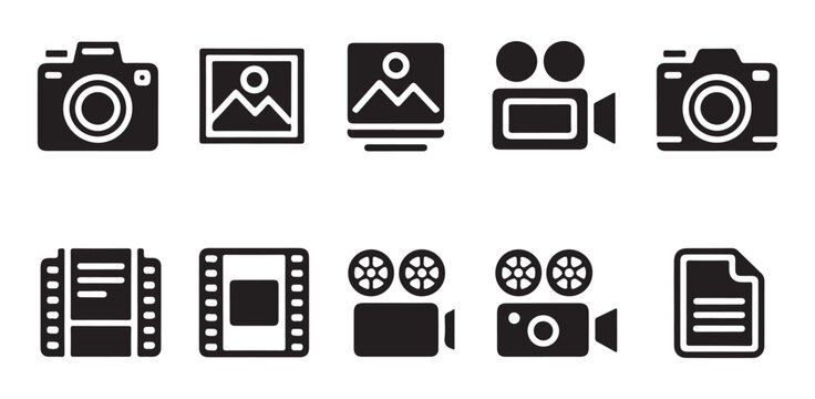 Photography and videography media icon set featuring cameras film strips and document files.