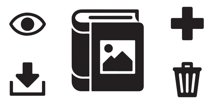 Icon set featuring eye view book image download and trash bin for website user interface design.