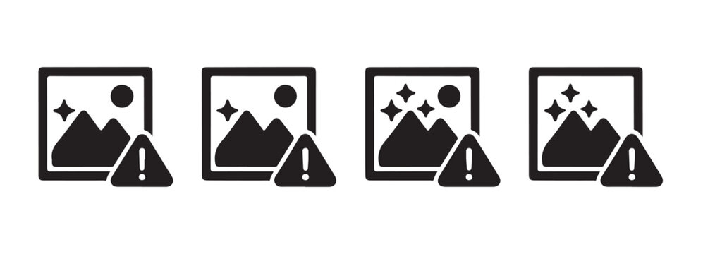 Four landscape image icons with warning alert sign for error and missing data notification set.