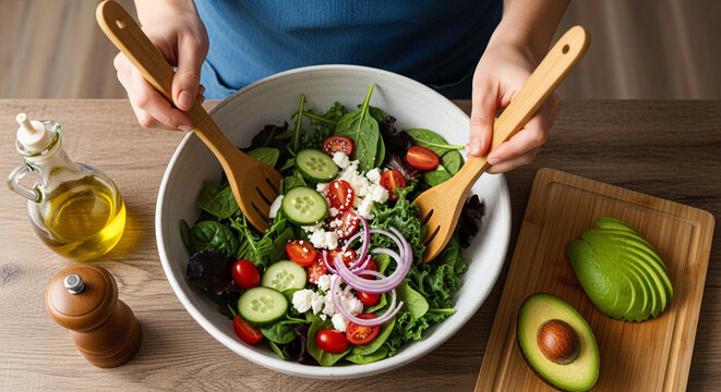 Healthy Salad Bowl with Fresh Vegetables Avocado and Olive Oil Food Lifestyle