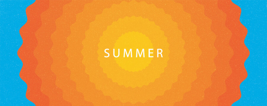 Abstract minimal summer horizontal poster, cover, banner, card with bright sun in the blue sky and modern typography. Summer holidays, journey, vacation travel illustration. Promo ads design template
