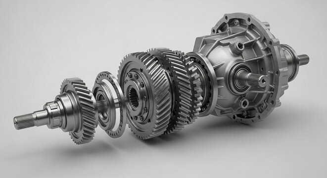 Exploded view of a complex automotive transmission showing various gears and shafts.