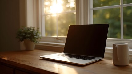 Fototapeta premium A laptop on a wooden desk illuminated by warm natural sunlight streaming through a window accompanied by a mug and plant