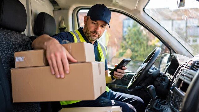 Delivery driver scanning packages with a smartphone inside a van