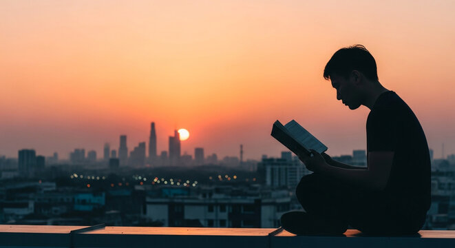 Man Reading Book on Rooftop with City Skyline at Sunset Education Lifestyle
