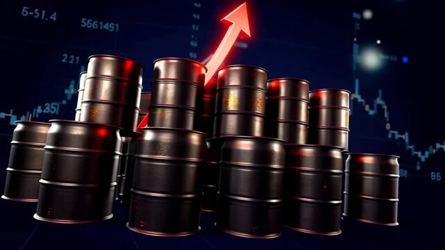 Oil barrels with rising graph and red arrow on dark background with numbers