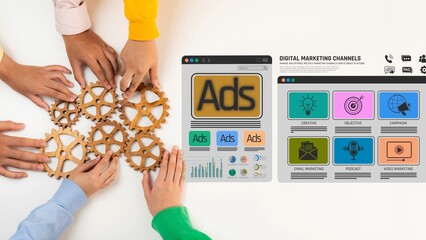 Obraz premium Hands Collaborating on Marketing Strategy Using Digital Tools and Gears to Represent Ads and Channels in a Contemporary Workspace Setting Sigmoid