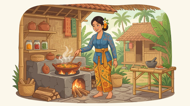 Vector illustration of Balinese woman cooking traditional food in a village kitchen, wearing kebaya and sarong, warm cultural atmosphere, flat design, clean lines, soft colors, isolated character.