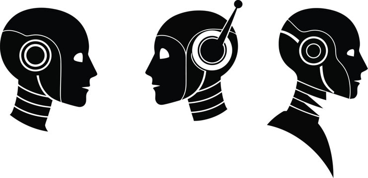 Black robot head silhouettes with white details