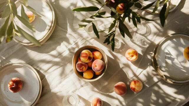 Sunlit mediterranean table with Linen Cloth and Fresh Peaches, Slow Top View Cinematic summer video