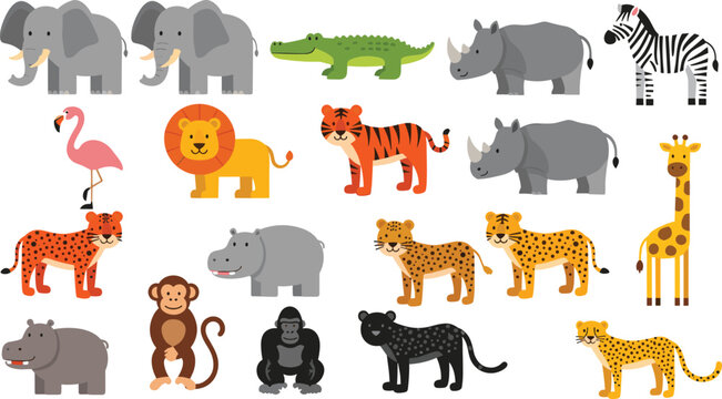 Safari Animal Set with Elephant, Lion, Tiger, Giraffe, Hippo, Crocodile, and More Vector Illustration