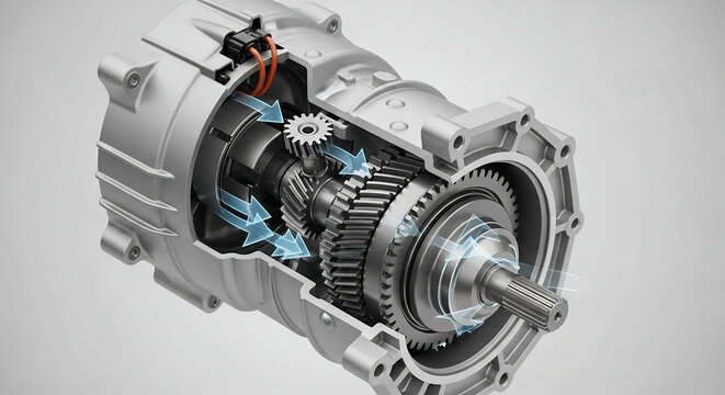 Detailed cutaway view of an automotive transmission showing internal gears and shafts with motion indicators.