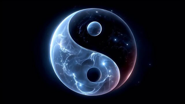 Yin Yang, Chinese philosophy, harmony, balance, Taoism. A digital artwork depicts a celestial sphere, resembling a yinyang symbol, against a deep black background.