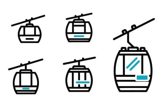  Collection of black and white flat vector cable car icons showcasing various perspectives and styles, some with blue accents on windows