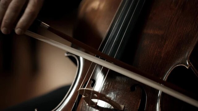 A close up shot captures a cellist hand gracefully pressing down on the string, illustrating the refined technique of a professional musician performing a soulful piece on an antique instrument.