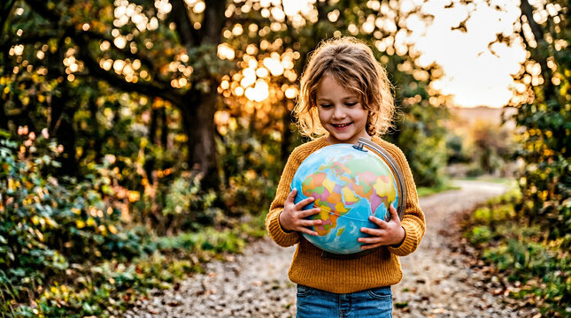 Child holding a globe outdoors at golden hour in warm natural light.