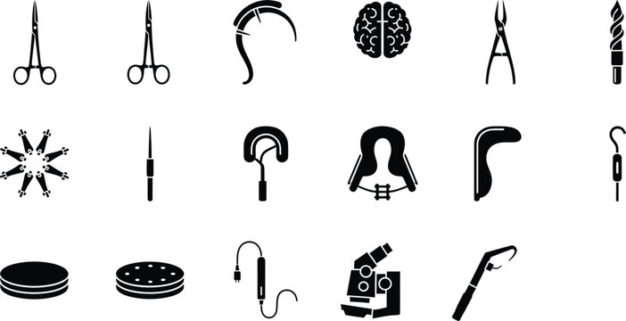 Set of black medical and surgical equipment icons for hospital and laboratory use