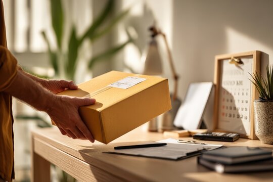 Administrative consultant arranging package pickup and digital calendar at quiet desk with warm sunl