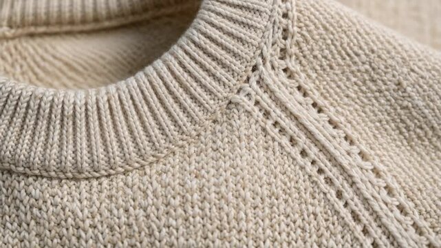 A close up shot of a cream colored knitted sweater focusing on the intricate cable knit pattern and soft texture of the woven fabric in this detailed fashion photography capture.