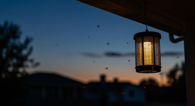 Outdoor light attracting moth swarm from hanging lantern at blue dusk