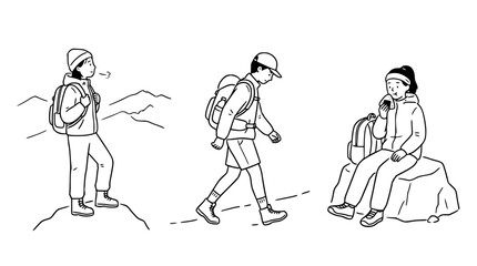 Obraz premium Hiking Trio Enjoying Nature in Line Art - Daily Adventure Scene
