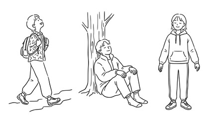 Obraz premium Walking and Resting Characters in Line Art - Daily Life Moments