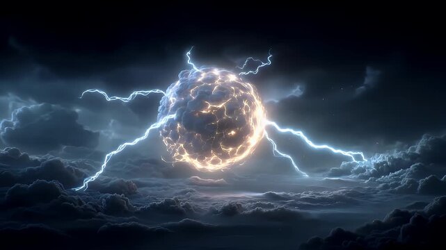 Fantasy wallpaper. A vivid digital artwork depicts a celestial scene. A large, glowing orb is the central subject, surrounded by swirling clouds. The orb emits a warm, golden light.