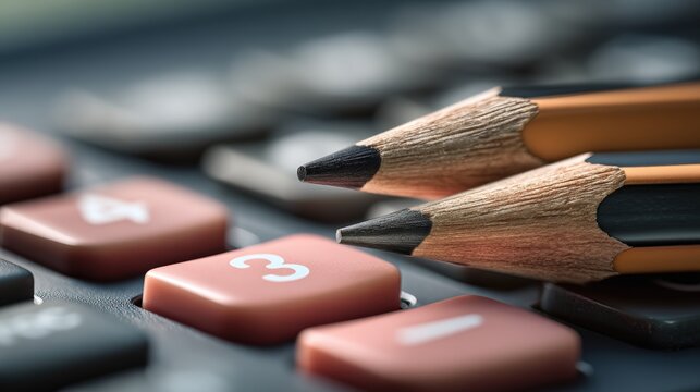 Clean studio calculator buttons sharpened pencil tip layered paper edges arranged tax