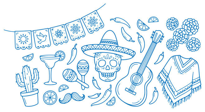 Mexican fiesta elements with skull sombrero guitar and cactus on white background