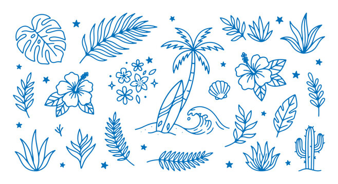Tropical beach scene with palm trees surfboard floral patterns and cacti in blue line art on white background