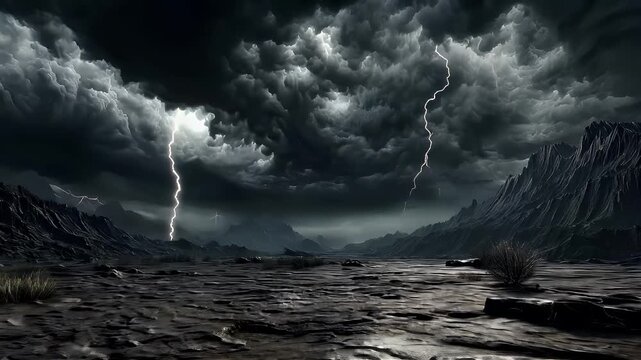 Fantasy wallpaper. A dramatic landscape depicts a vast, mountainous region under a stormy sky. The sky is filled with dark, stormy clouds, and two striking lightning bolts strike across the scene.