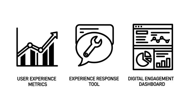 Digital user experience metrics icons with experience icon dashboard engagement analytics computer interface analysis performance feedback response settings measurement