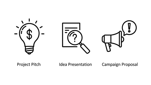 Icons representing business concepts: project pitch idea presentation campaign process with magnifying glass speech bubble business presentation campaign lightbulb document megaphone strategy