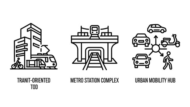 Icons representing transit-oriented development a metro station complex an urban mobility hub public transport smart city mobility building transport architecture pedestrian illustration