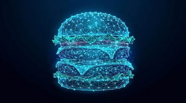Futuristic Digital Wireframe of a Double Cheeseburger with Glowing Blue Low Poly Mesh for Culinary Tech and Smart Food Apps
