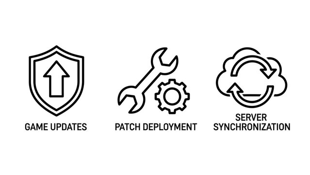 Software and gaming maintenance icons for game updates patch deployment and server synchronization with technology software deployment synchronization protection computer internet maintenance